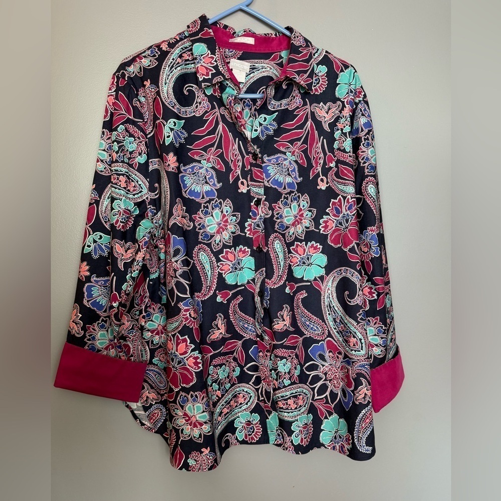 Chico's Sz 4 Dark Paisley No Iron Multicolor Button Down Collared Blouse US XXL